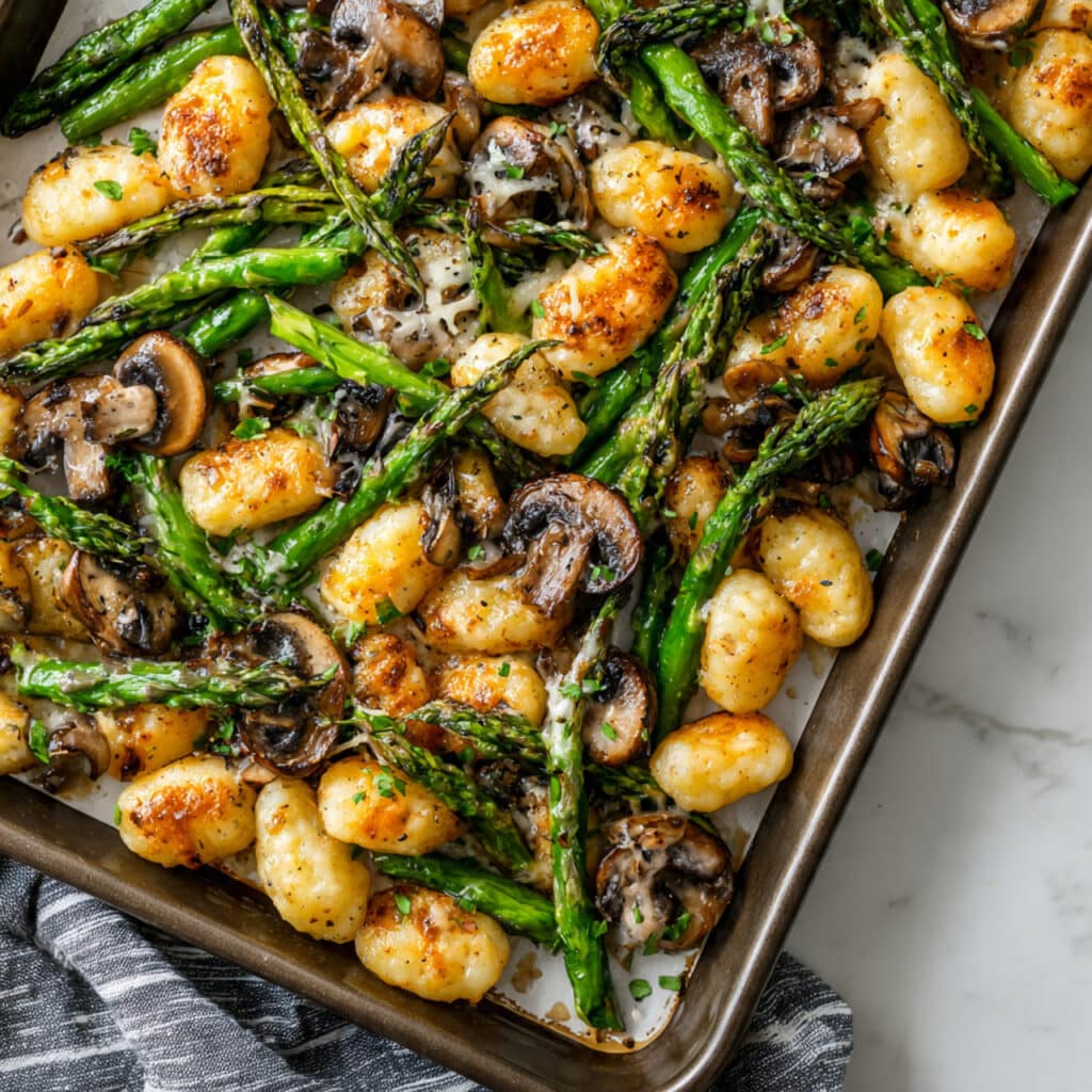 Sheet Pan Asparagus Mushroom Gnocchi