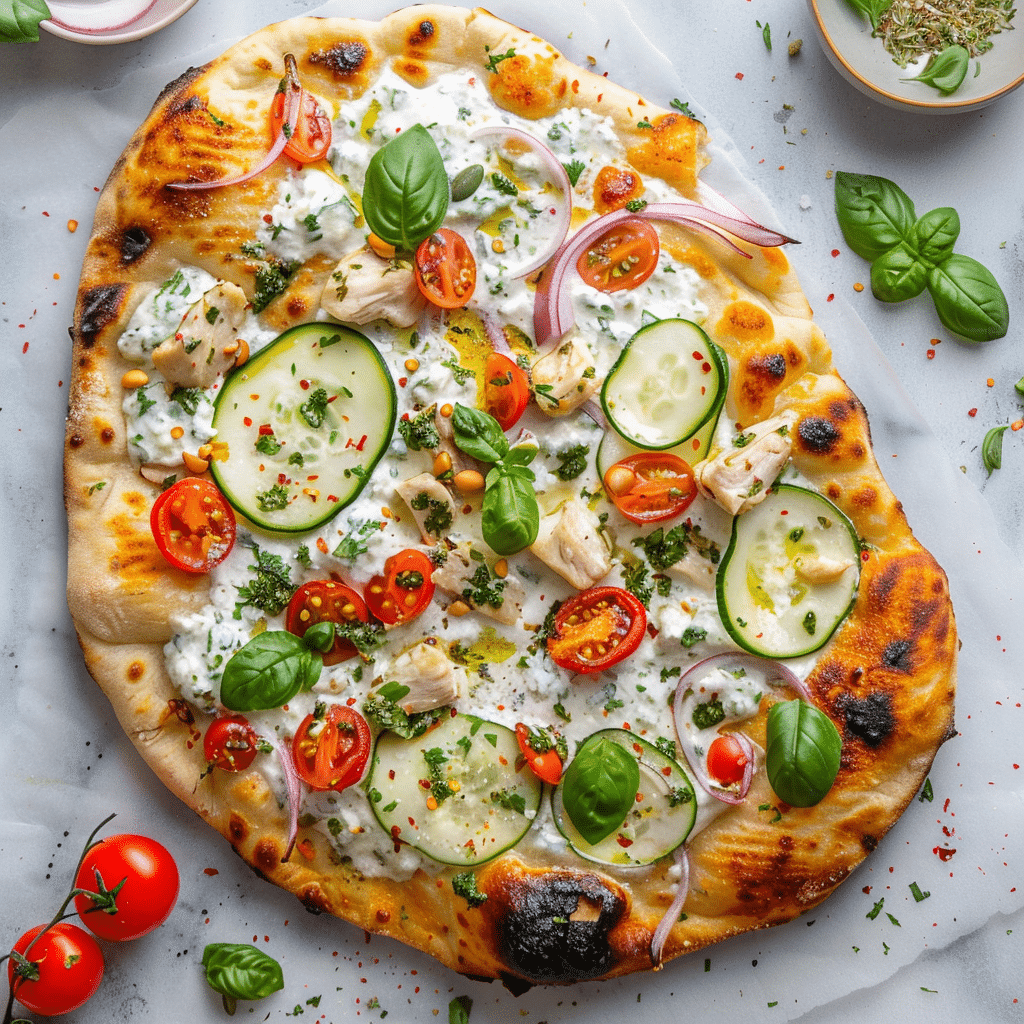 Tzatziki Chicken Veggie Naan Pizza