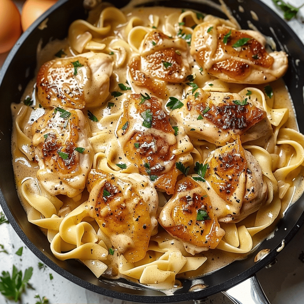 One Pan Creamy Garlic Butter Chicken with Egg Noodles