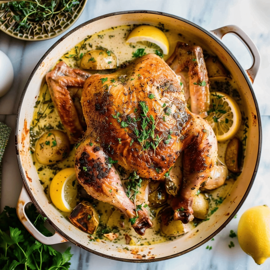 Creamy Lemon Herb Pot Roasted Whole Chicken