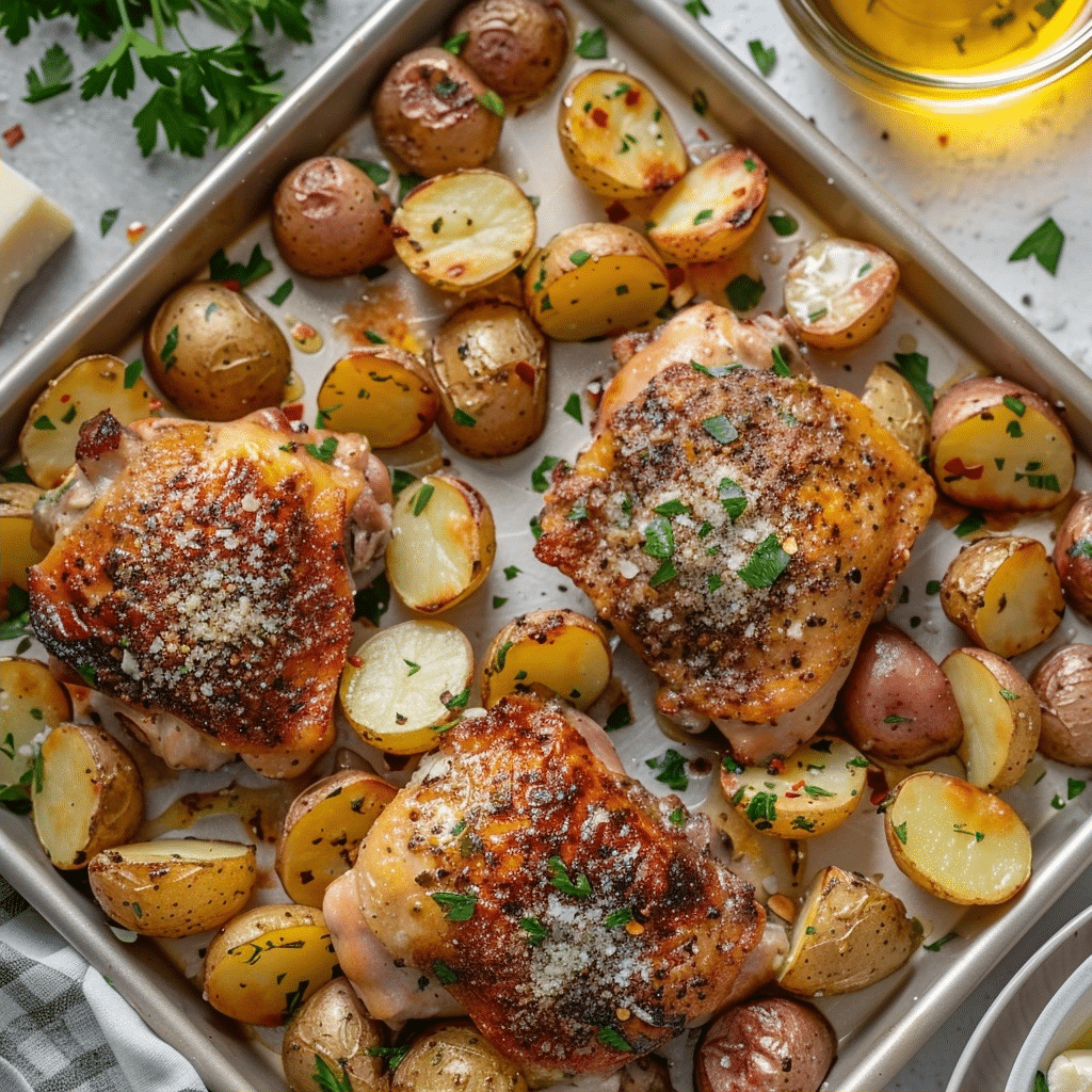 Crispy Garlic Butter Parmesan Chicken Thighs with Roasted Potatoes
