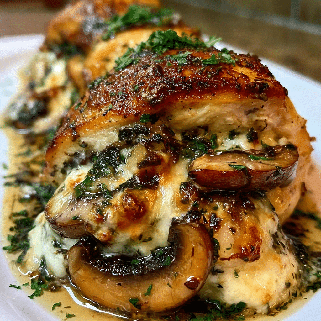 Cheesy garlic butter mushroom stuffed chicken